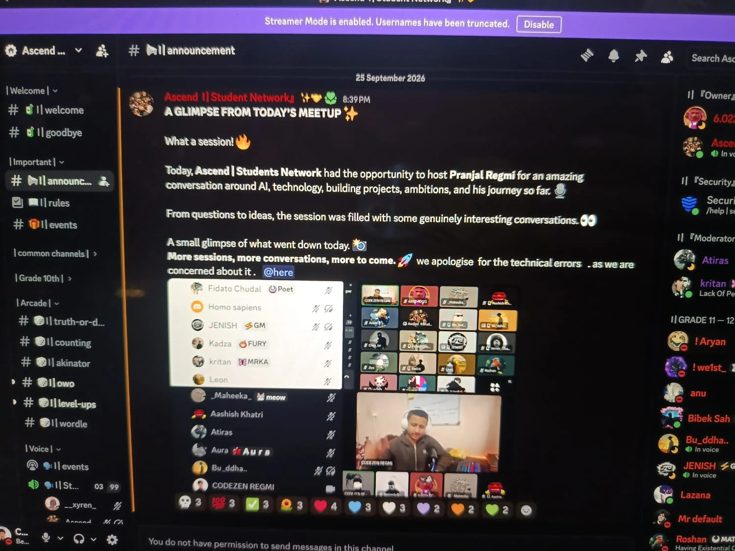 Ascend Student Network Discord announcement thanking Pranjal Regmi for a session on AI, technology and building projects