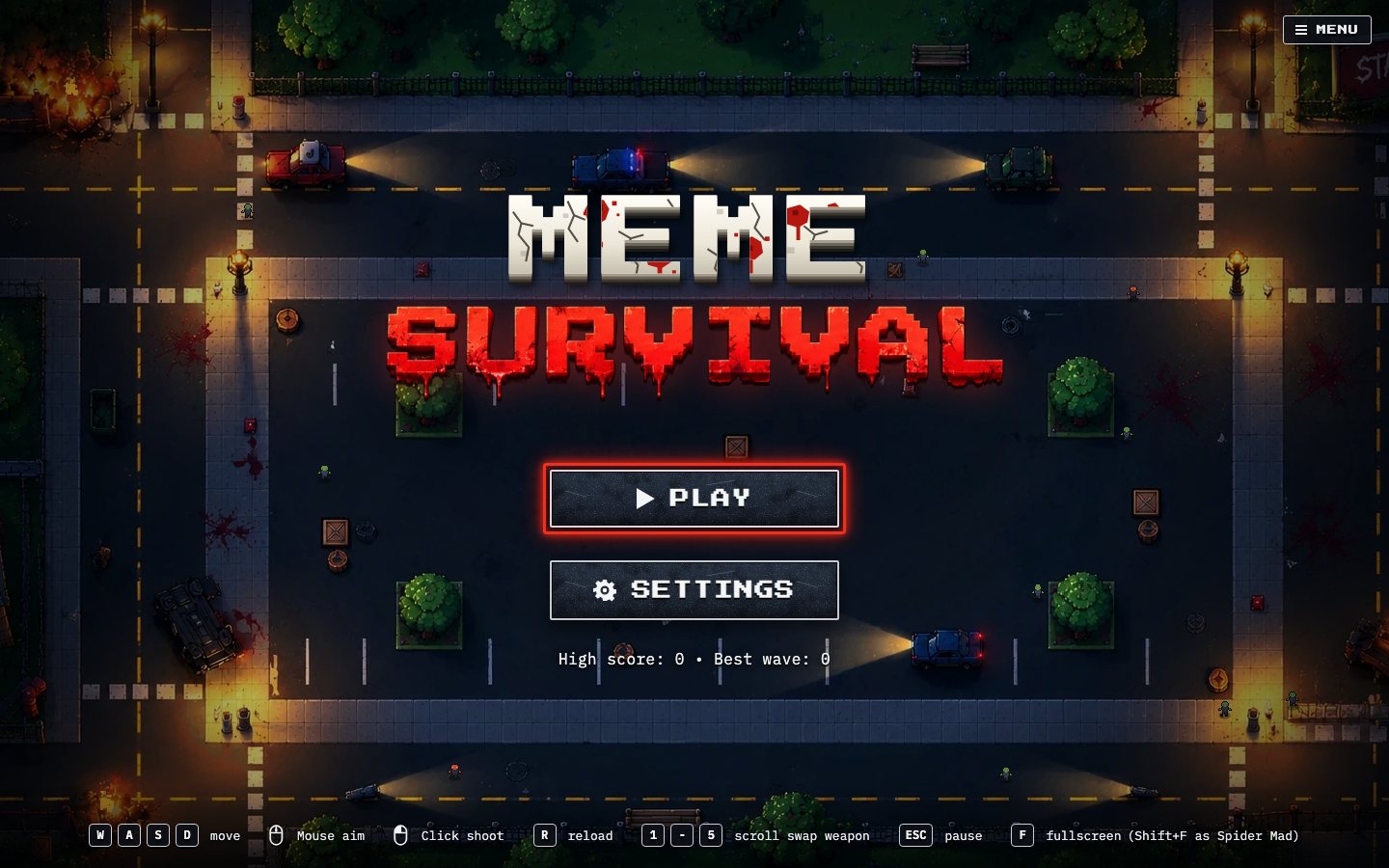 Meme Survival start screen with a pixel-art city at night and a Play button